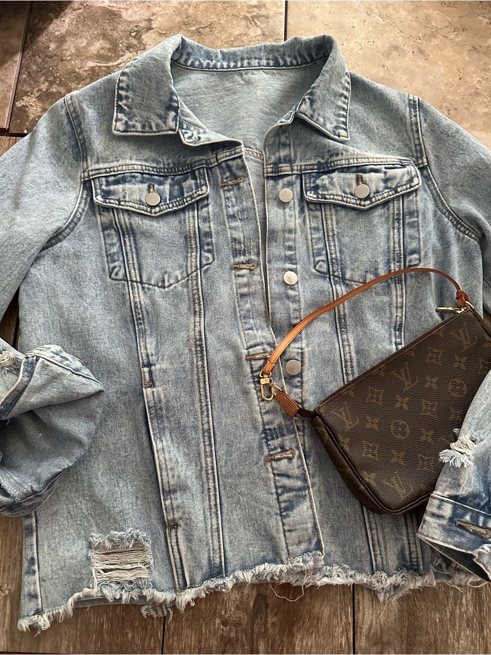 Women’s Light Wash Distressed Denim Jacket, Size Large